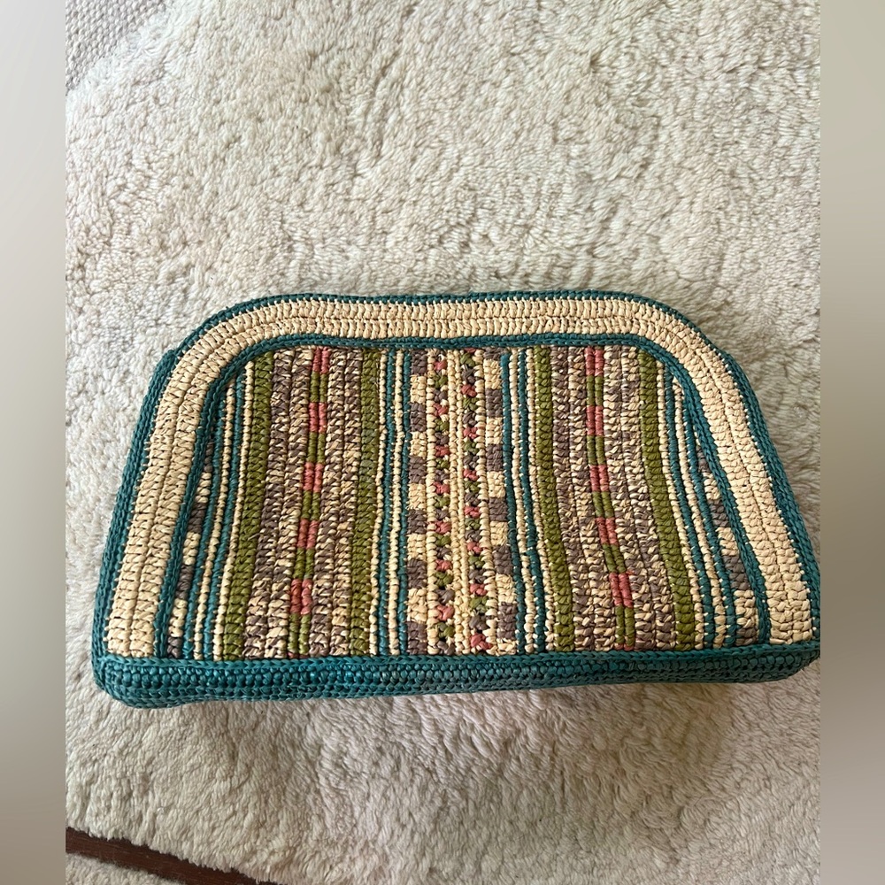 Sezane Carla Pouch Clutch Hand Bag Woven raffia evening stripe green tan pink